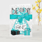 21歳の誕生日のための彼女のトレンディーきらきら光るターコイズドレス カード (黄色い花)