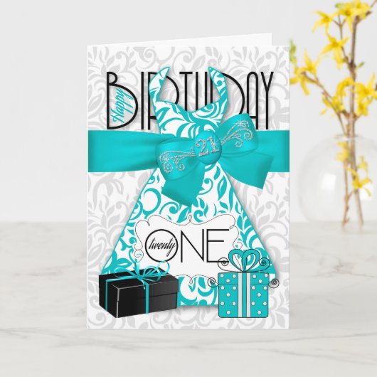 21歳の誕生日のための彼女のトレンディーきらきら光るターコイズドレス カード (黄色い花)