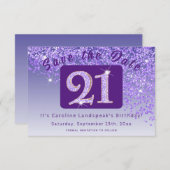 21歳の誕生日のための輝くパープルグリッター セーブザデート (正面/裏面)