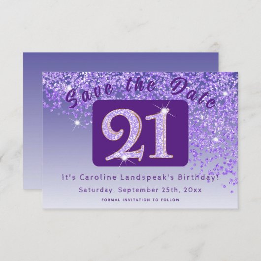 21歳の誕生日のための輝くパープルグリッター セーブザデート (正面/裏面)