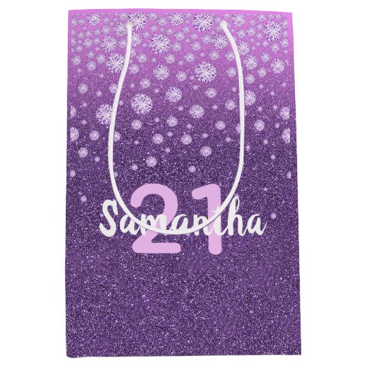 21歳の誕生日のダフェイクイヤモンド(紫色のグリッター) ミディアムペーパーバッグ (正面)