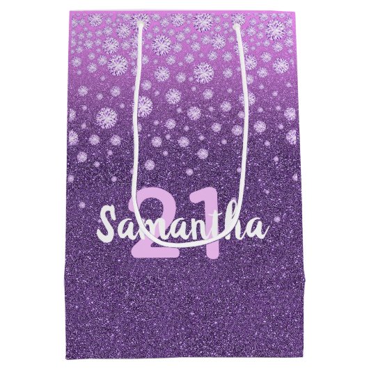 21歳の誕生日のダフェイクイヤモンド(紫色のグリッター) ミディアムペーパーバッグ (裏面)