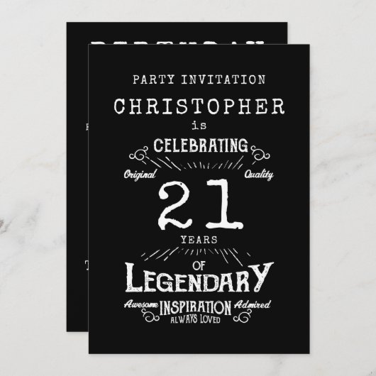 21歳の誕生日の伝説の黒の追加の名前の凡例 招待状 (正面/裏面)