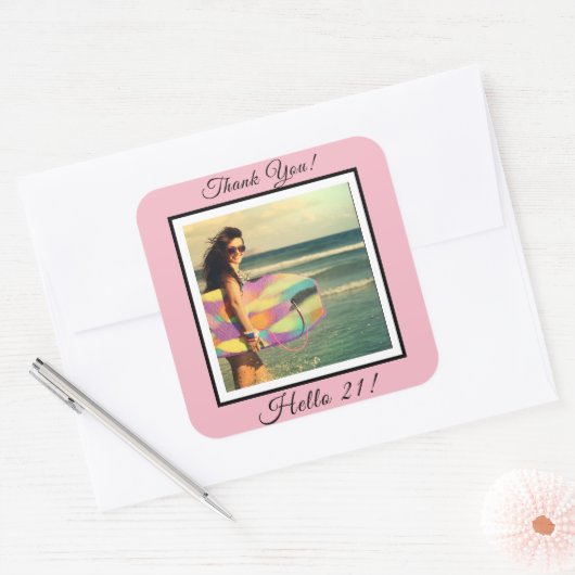 21歳の誕生日の写真赤面ピンク感謝していユー スクエアシール (封筒)