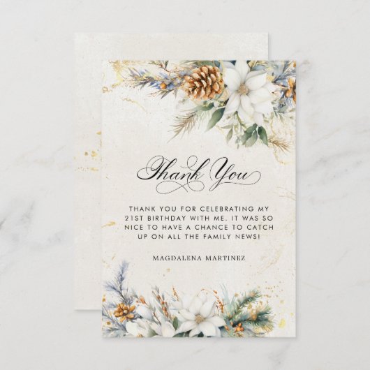 21歳の誕生日の冬の白いフローラ緑 サンキューカード (正面/裏面)
