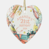 21歳の誕生日の名前パーソナライズされた年の女の子ハート セラミックオーナメント (右)