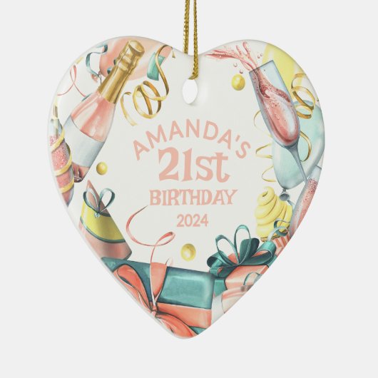 21歳の誕生日の名前パーソナライズされた年の女の子ハート セラミックオーナメント (右)