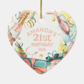 21歳の誕生日の名前パーソナライズされた年の女の子ハート セラミックオーナメント (裏面)