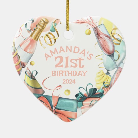 21歳の誕生日の名前パーソナライズされた年の女の子ハート セラミックオーナメント (裏面)