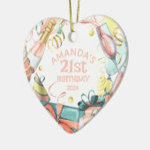 21歳の誕生日の名前パーソナライズされた年の女の子ハート セラミックオーナメント (左)