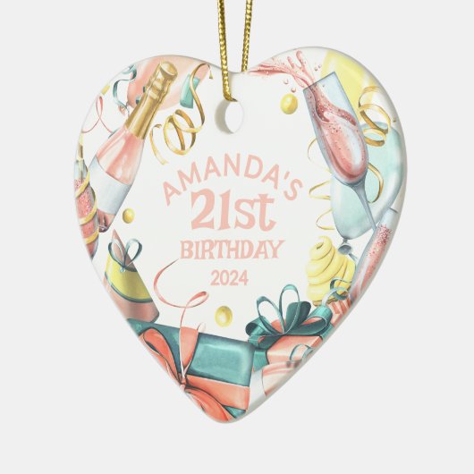 21歳の誕生日の名前パーソナライズされた年の女の子ハート セラミックオーナメント (左)