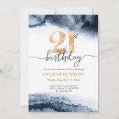 21歳の誕生日の招待ネイビーの水色と金ゴールド 招待状 (正面)