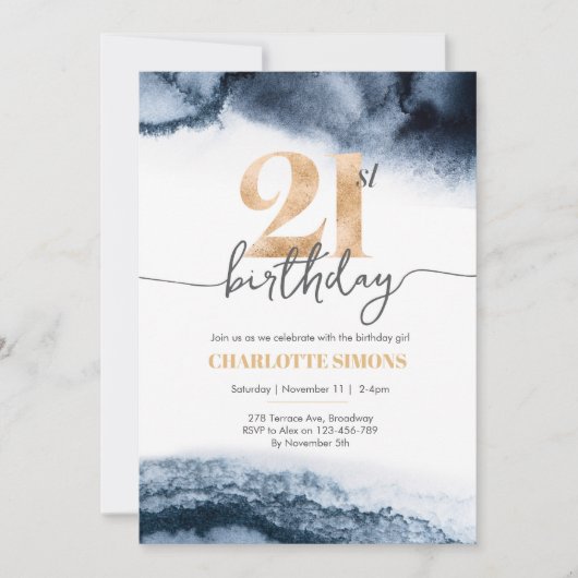 21歳の誕生日の招待ネイビーの水色と金ゴールド 招待状 (正面)