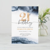 21歳の誕生日の招待ネイビーの水色と金ゴールド 招待状 (スタンド正面)