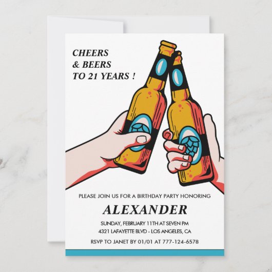 21歳の誕生日の招待応援とビーズメンブルー 招待状 (正面)