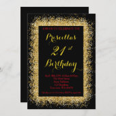 21歳の誕生日の招待,黒,紙吹雪,金ゴールド 招待状 (正面/裏面)