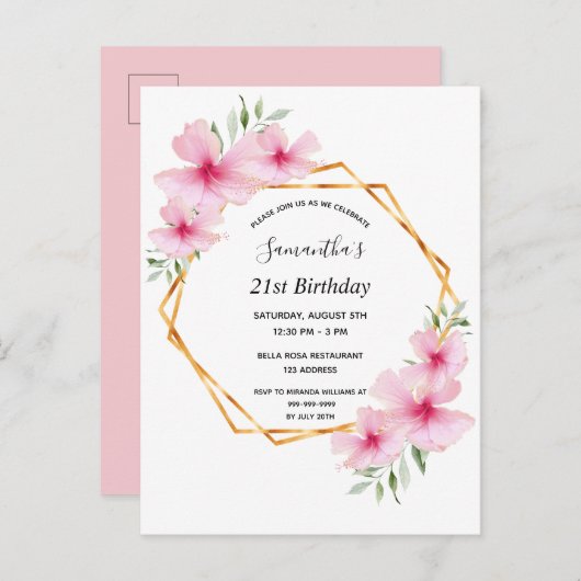 21歳の誕生日の熱帯の幾何学的なピンクの招待 ポストカード (正面/裏面)