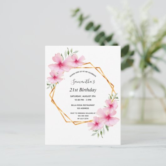 21歳の誕生日の熱帯の幾何学的なピンクの招待 ポストカード (スタンド正面)