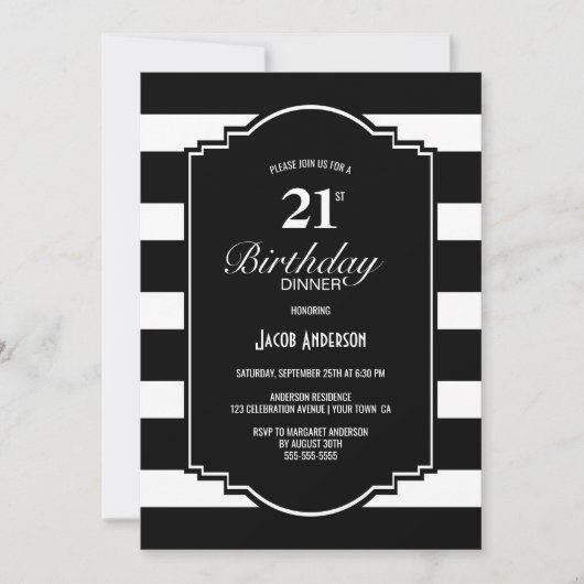 21歳の誕生日の白黒ディナストライプのー 招待状 (正面)