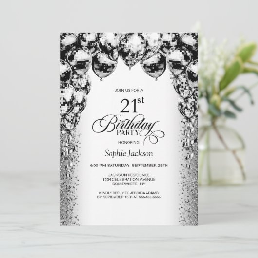 21歳の誕生日の白黒バルーンパーティー 招待状 (スタンド正面)