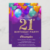 21歳の誕生日の紫と金ゴールドカラフル風船 招待状 (正面/裏面)