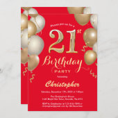 21歳の誕生日の赤と金ゴールドバルーン紙吹雪 招待状 (正面/裏面)