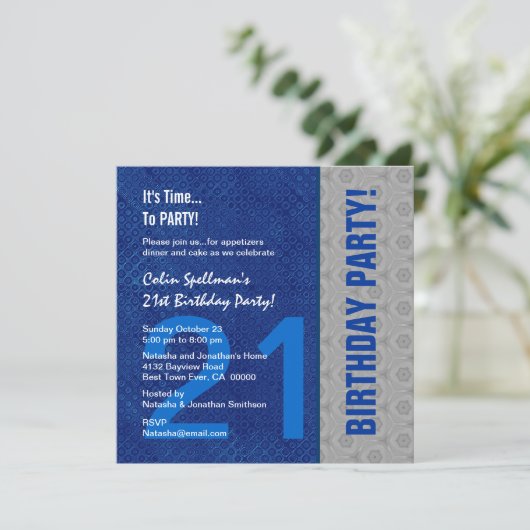21歳の誕生日の青と銀の模様をリサイクル 招待状 (スタンド正面)