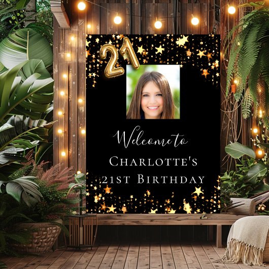 21歳の誕生日の黒い金ゴールド星写真ようこそ ポスター