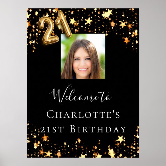 21歳の誕生日の黒い金ゴールド星写真ようこそ ポスター (正面)