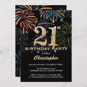 21歳の誕生日の黒と金ゴールド花火 招待状 (正面/裏面)