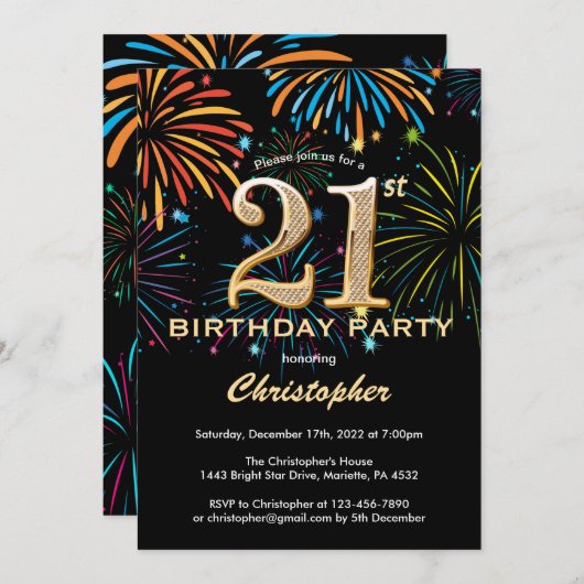 21歳の誕生日の黒と金ゴールド花火 招待状 (正面/裏面)