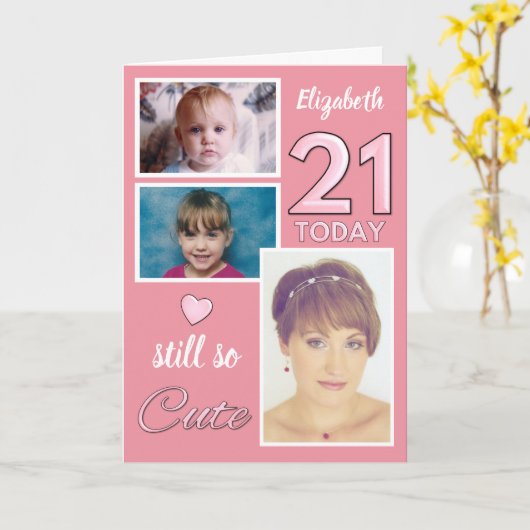 21歳の誕生日はまだかわいい写真ピンク カード (黄色い花)