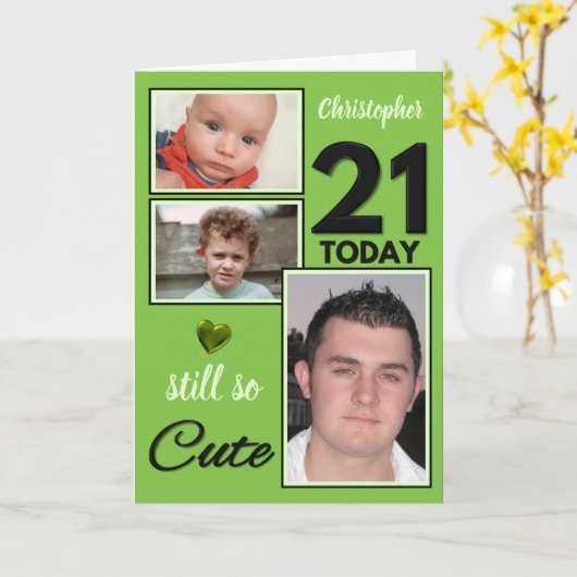 21歳の誕生日はまだ可愛い写真グリーンとブラック カード (黄色い花)