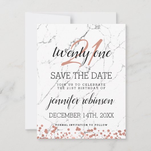21歳の誕生日を保存する日付バラ金ゴールド大理石 セーブザデート (正面)