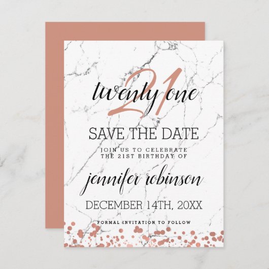 21歳の誕生日を保存する日付バラ金ゴールド大理石 セーブザデート (正面/裏面)