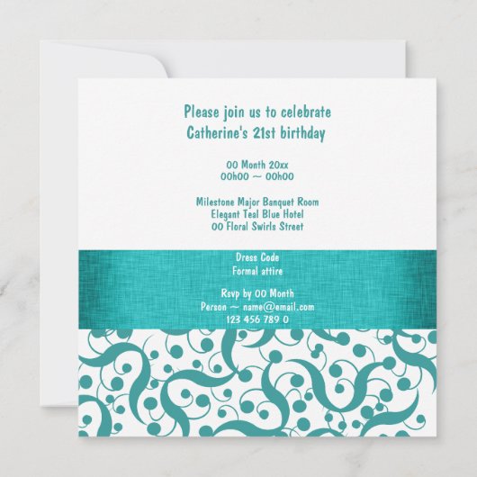 21歳の誕生日を機に、いつまでも優雅に年齢を重ねていきたいという想いを込めたお祝い 招待状 (裏面)