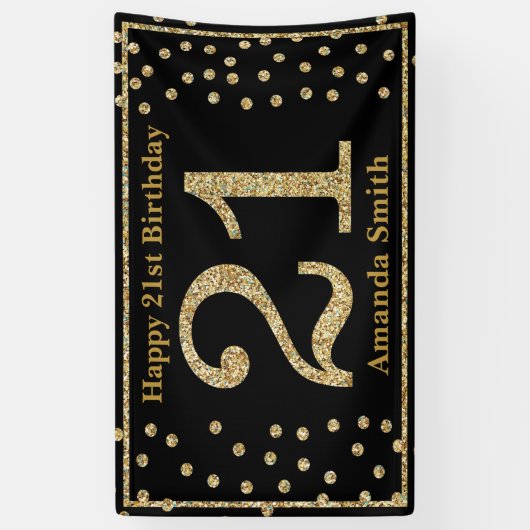 21歳の誕生日を祝うバナー(黒と金ゴールドグリッター) 横断幕 (縦)