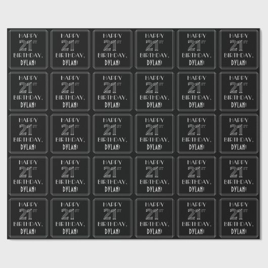 21歳の誕生日を祝う、アールデコスタイルと名前をカスタムする ラッピングペーパー (フラット)