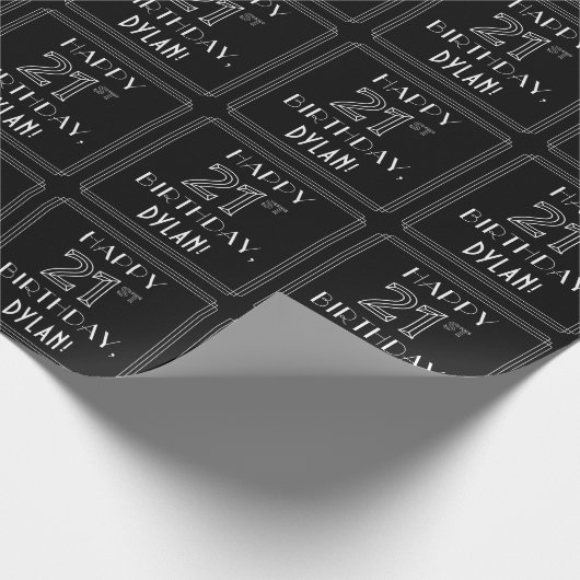21歳の誕生日を祝う、アールデコスタイルと名前をカスタムする ラッピングペーパー (角)