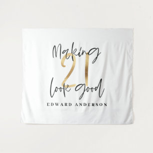 21歳の誕生日を祝う モダンなブラックとゴールドのスタイリッシュなデザイン タペストリー