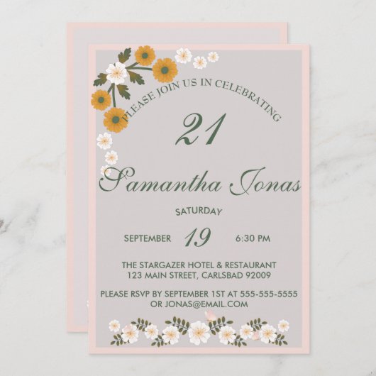 21歳の誕生日を迎えた、大韓民国産のほこりっぽいワイルドバラグレー 招待状 (正面/裏面)