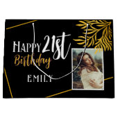 21歳の誕生日を迎える金ゴールドの葉の写真の背景 ラージペーパーバッグ (正面)