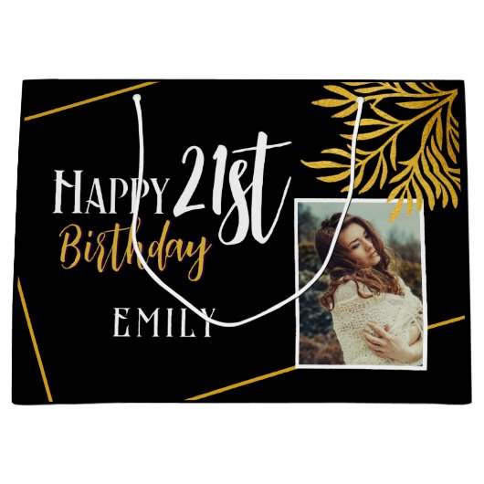 21歳の誕生日を迎える金ゴールドの葉の写真の背景 ラージペーパーバッグ (正面)