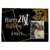 21歳の誕生日を迎える金ゴールドの葉の写真の背景 ラージペーパーバッグ (裏面)