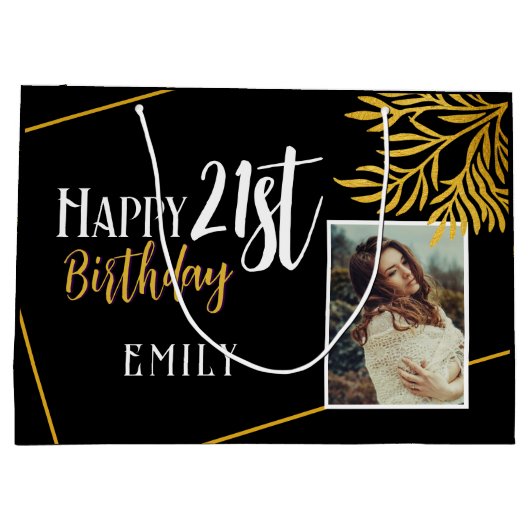 21歳の誕生日を迎える金ゴールドの葉の写真の背景 ラージペーパーバッグ (裏面)