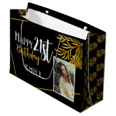 21歳の誕生日を迎える金ゴールドの葉の写真の背景 ラージペーパーバッグ (正面アングル)