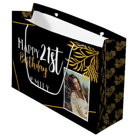 21歳の誕生日を迎える金ゴールドの葉の写真の背景 ラージペーパーバッグ (正面アングル)