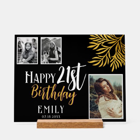21歳の誕生日を迎える金ゴールドの葉3枚の写真の背景 アクリルサイン (正面)
