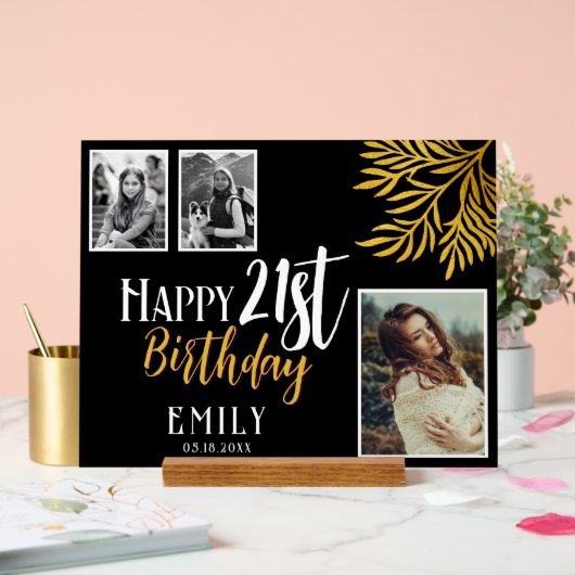 21歳の誕生日を迎える金ゴールドの葉3枚の写真の背景 アクリルサイン (ウェディング)