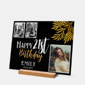 21歳の誕生日を迎える金ゴールドの葉3枚の写真の背景 アクリルサイン (傾斜)